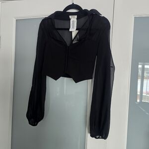 privy Black Sheer Long Sleeve Cropped Bustier Top